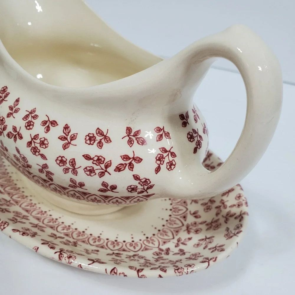 English Ironstone Tableware Provence Red Floral Gravy Boat & Underplate Set of 2